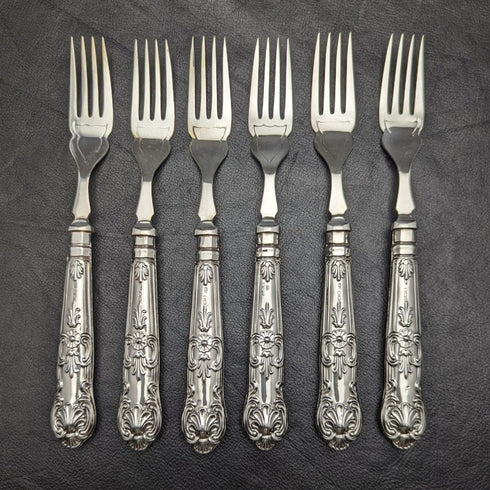 1936 British vintage sterling silver handle cutlery 6x2 & server set in wooden box